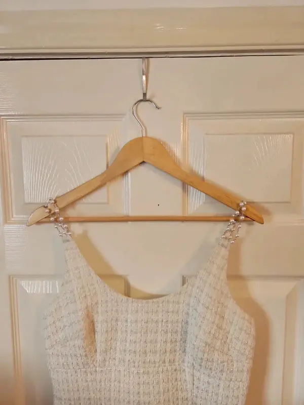 Adrianna Papell Cream Textured Dress Pearl Style Straps Size 12 - Image 3