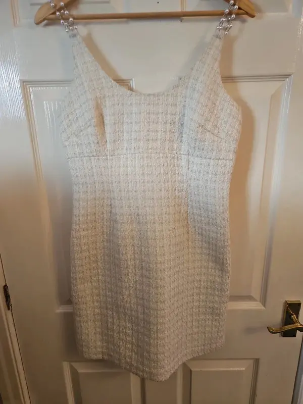 Adrianna Papell Cream Textured Dress Pearl Style Straps Size 12 - Image 4
