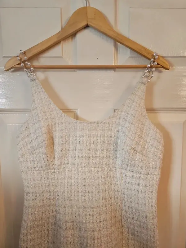 Adrianna Papell Cream Textured Dress Pearl Style Straps Size 12 - Image 7