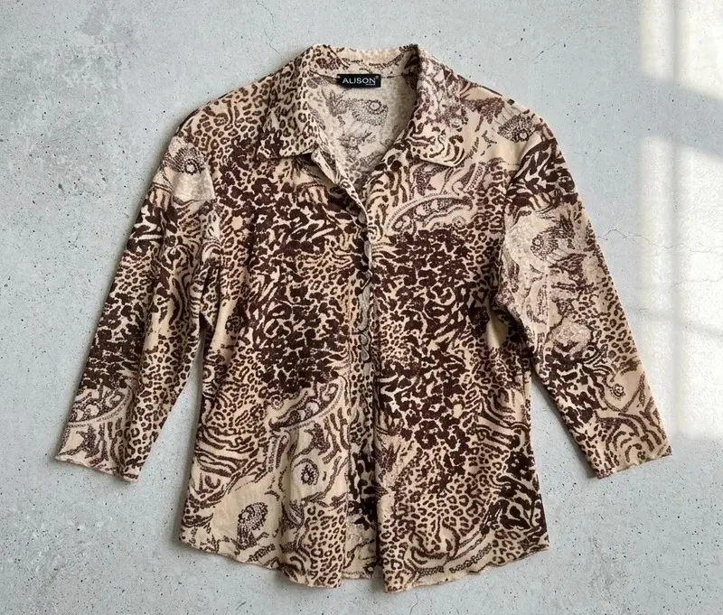 Vintage Y2K Alison Animal Print Blouse 3/4 Sleeve Brown Beige XL