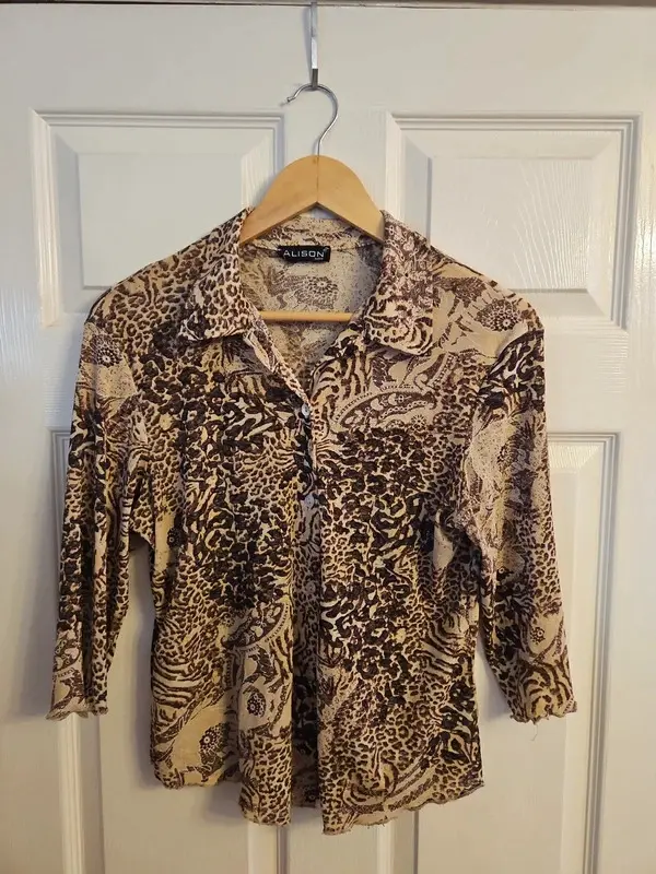 Vintage Y2K Alison Animal Print Blouse 3/4 Sleeve Brown Beige XL - Image 2