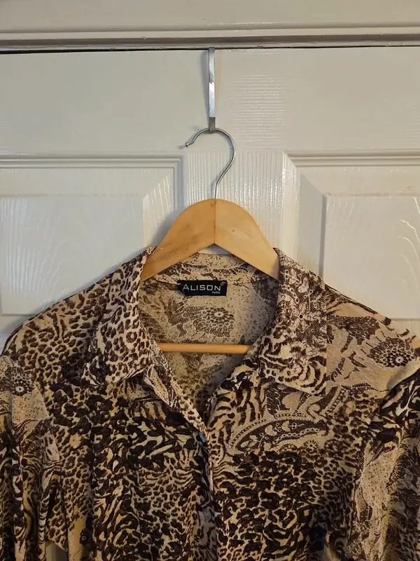 Vintage Y2K Alison Animal Print Blouse 3/4 Sleeve Brown Beige XL - Image 3