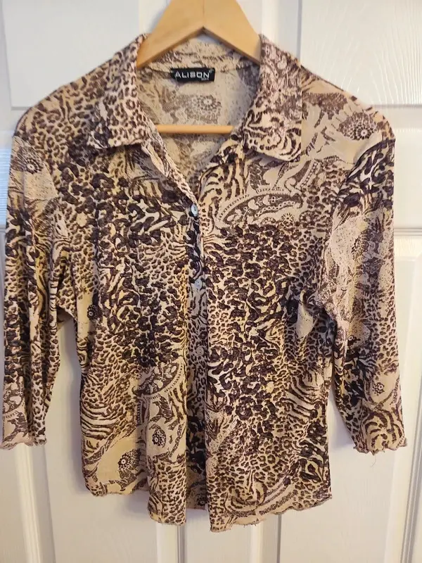Vintage Y2K Alison Animal Print Blouse 3/4 Sleeve Brown Beige XL - Image 4