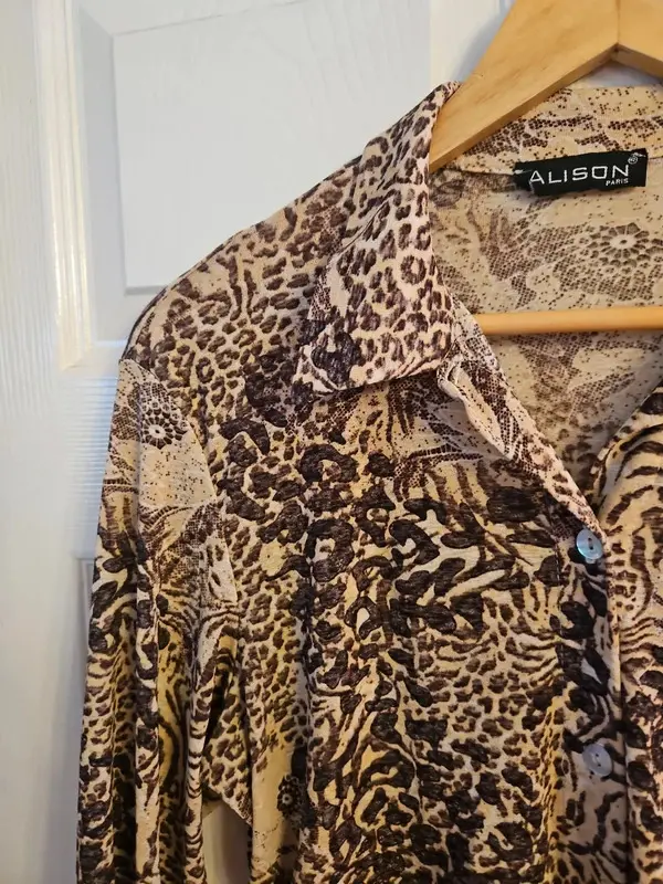 Vintage Y2K Alison Animal Print Blouse 3/4 Sleeve Brown Beige XL - Image 6