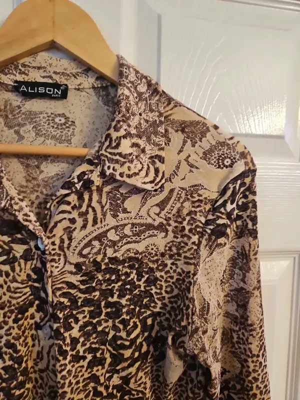 Vintage Y2K Alison Animal Print Blouse 3/4 Sleeve Brown Beige XL - Image 7