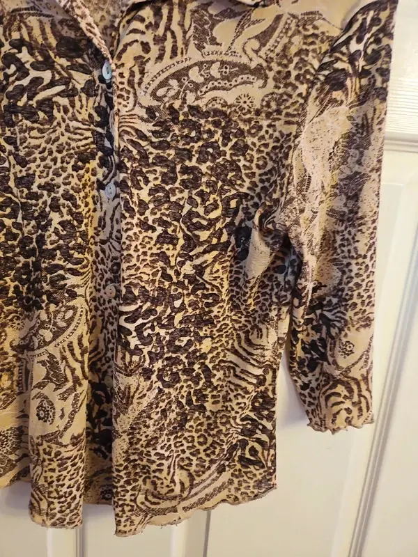 Vintage Y2K Alison Animal Print Blouse 3/4 Sleeve Brown Beige XL - Image 9