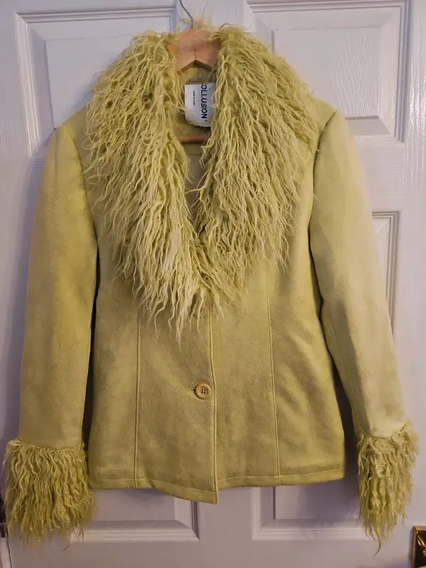 Collusion Lime Green Faux Fur Trim Jacket Statement Y2K Size 4 - Image 4
