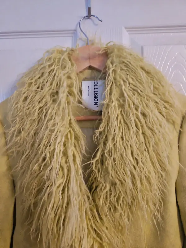 Collusion Lime Green Faux Fur Trim Jacket Statement Y2K Size 4 - Image 7