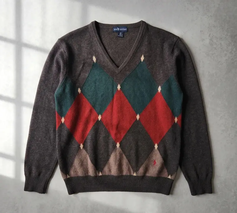 Vintage John Ashfield 100% Lambswool Argyle Jumper Brown Green Red Size 54