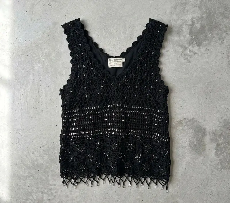 Vintage Claire Kennedy Black Sequin Hand-Knitted Top XS