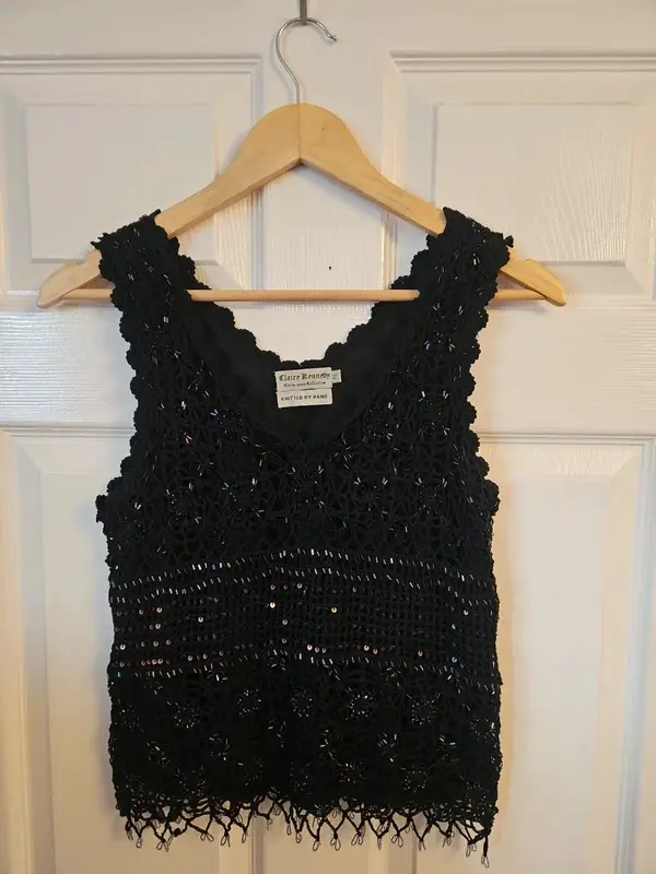 Vintage Claire Kennedy Black Sequin Hand-Knitted Top XS - Image 2