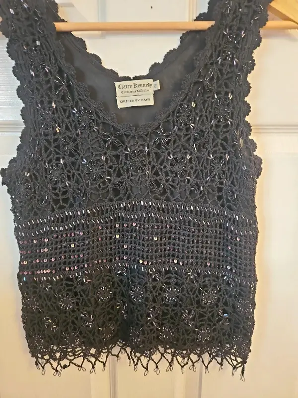 Vintage Claire Kennedy Black Sequin Hand-Knitted Top XS - Image 4