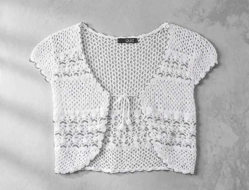 Quiz White Crochet Cropped Cardigan Bolero Shrug Size M