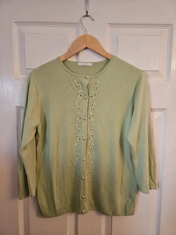 M&S Marks Spencer Lime Green Cardigan Cutwork Floral Detail Size 14 - Image 2