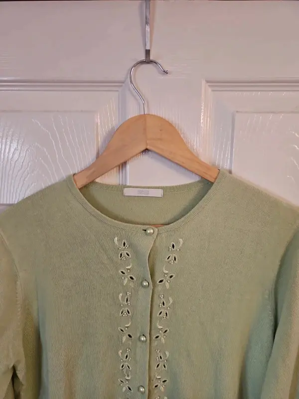 M&S Marks Spencer Lime Green Cardigan Cutwork Floral Detail Size 14 - Image 3