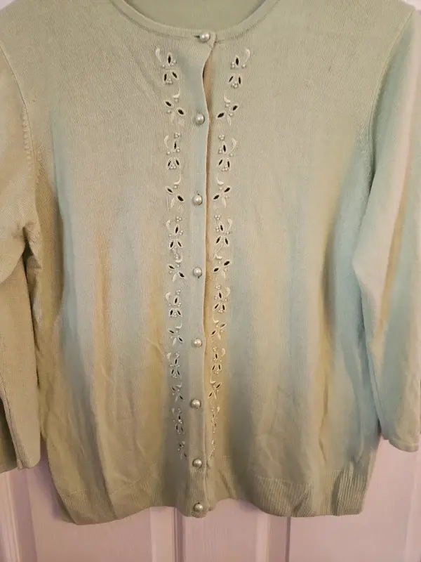 M&S Marks Spencer Lime Green Cardigan Cutwork Floral Detail Size 14 - Image 4