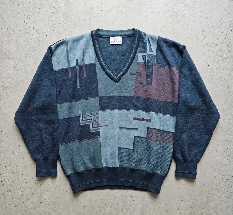 Vintage Pierre Sangan Blue Geometric Jumper 50% Wool Men's L