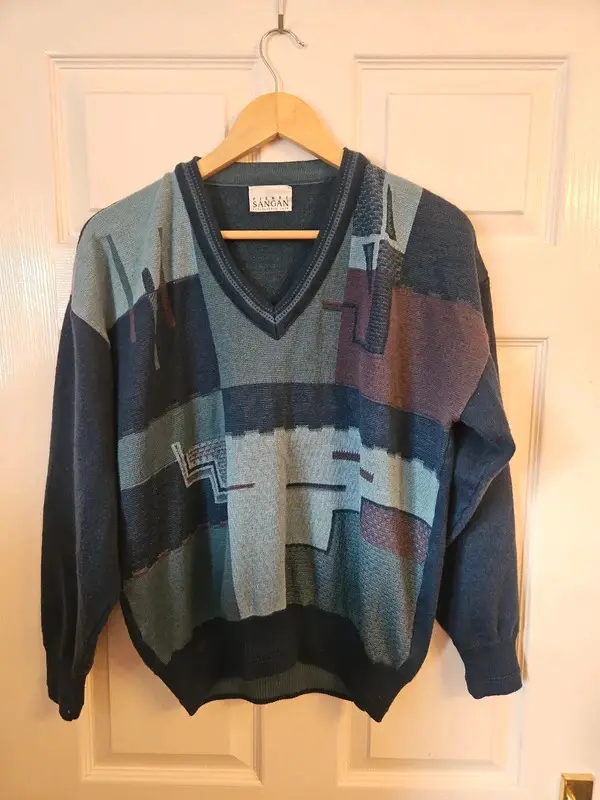 Vintage Pierre Sangan Blue Geometric Jumper 50% Wool Men's L - Image 2