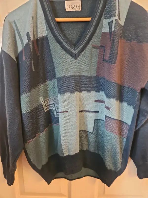 Vintage Pierre Sangan Blue Geometric Jumper 50% Wool Men's L - Image 4