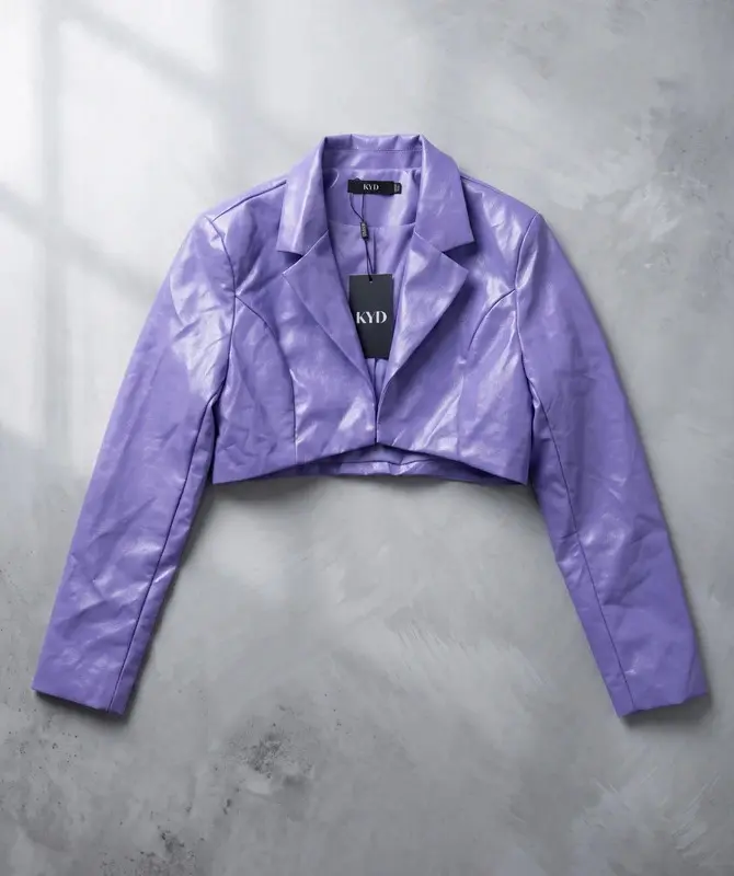 KYO Lilac Faux Leather Cropped Jacket Blazer Size 14 NWT