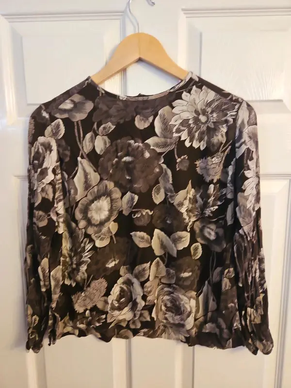 Vintage 90s Jones New York Brown Grey Floral Blouse Top Size 10 - Image 4
