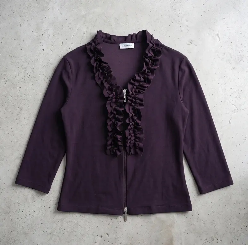 Clockhouse Purple Ruffle Front Zip Blouse Top Y2K Style Size 16