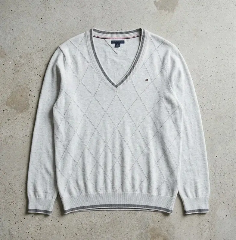 Tommy Hilfiger Grey V Neck Jumper Diamond Knit Size XL Mens