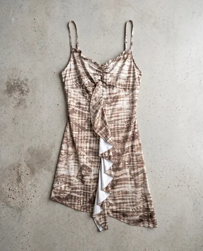 Vintage Y2K Tammy Girl Brown Newspaper Print Ruffle Dress Size 14