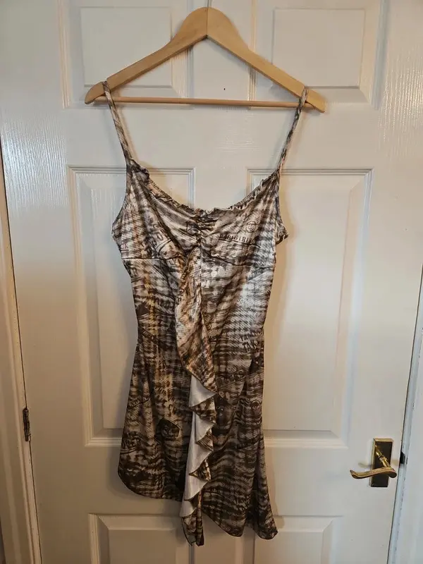 Vintage Y2K Tammy Girl Brown Newspaper Print Ruffle Dress Size 14 - Image 2