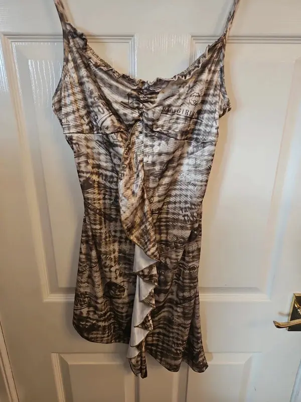 Vintage Y2K Tammy Girl Brown Newspaper Print Ruffle Dress Size 14 - Image 4