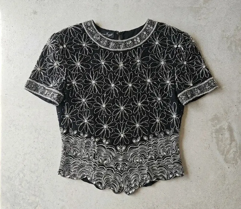 Vintage Lawrence Kogan 100% Silk Black Sequin Floral Top Blouse L