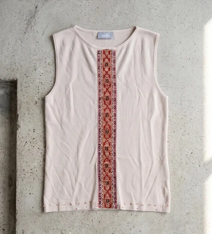 Wallis Beige Embroidered Boho Vest Top Size 14 Folk Detail
