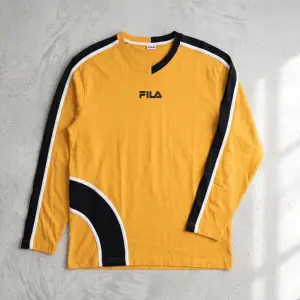 FILA Yellow Black Long Sleeve Sports Top Retro 100% Cotton XL