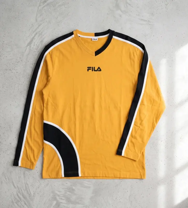 FILA Yellow Black Long Sleeve Sports Top Retro 100% Cotton XL