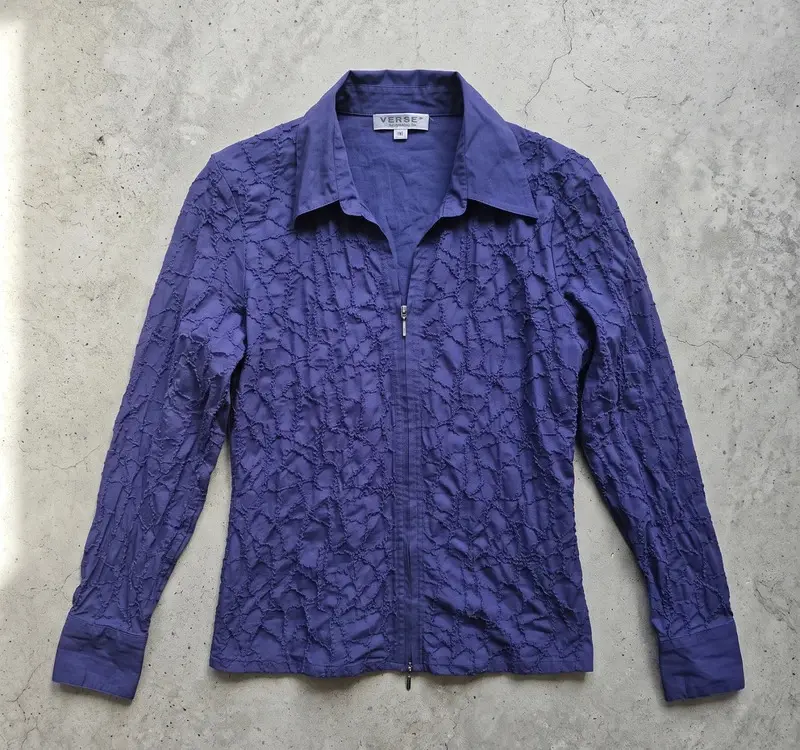 Verse Collection Purple Textured Double Zip Blouse Stretch Size 16