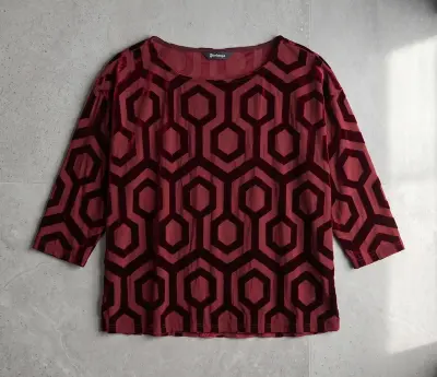 Kaleidoscope Burgundy Geometric 3/4 Sleeve Top Retro Pattern Size 12