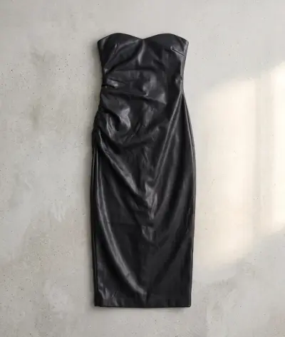 Vera & Lucy Black Faux Leather Strapless Bodycon Midi Dress M