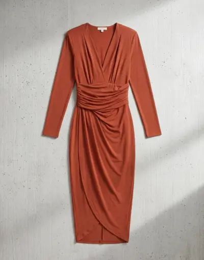 Angel Eye Burnt Orange Ruched Wrap Midi Dress Size 8