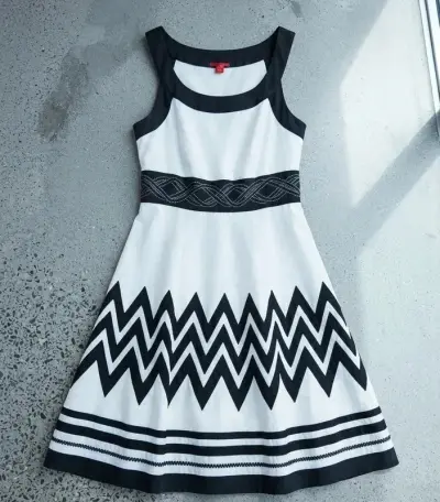 Monsoon Black & White Silk Blend Geometric Border Fit & Flare Occasion Dress – UK 10